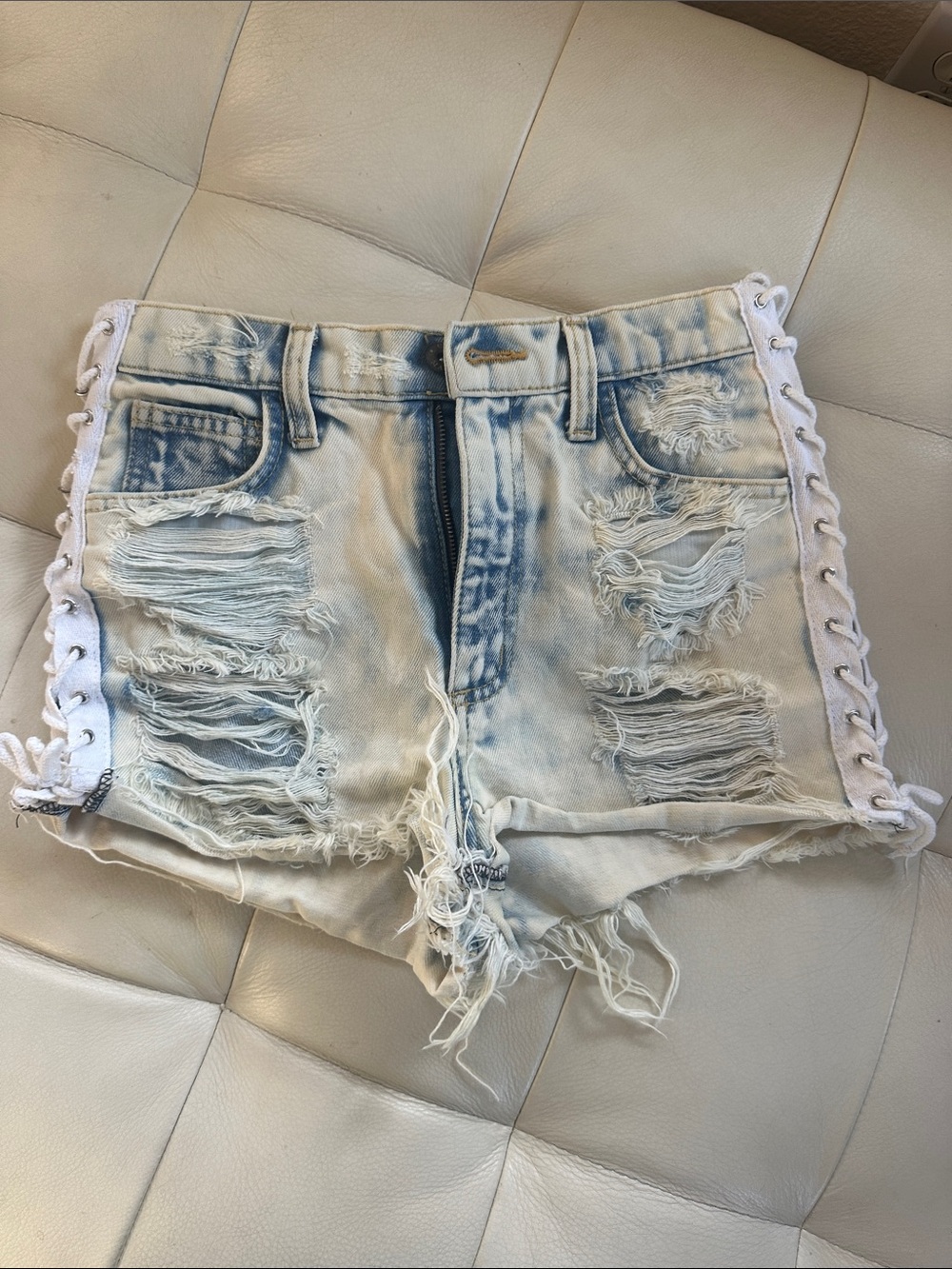 Carmar Light Wash Distressed Lace-Up Denim Shorts - White/Blue